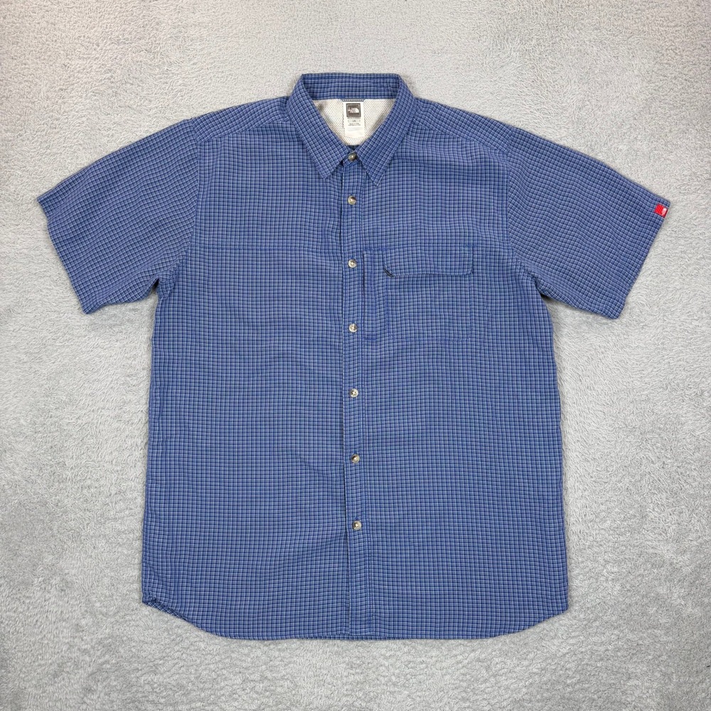 The North Face Mens Blue Micro Check Short Sleeve Button Down Shirt Large Zip